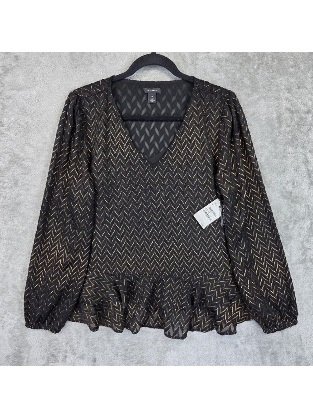 Halogen Blouse Womens M Black Rose Gold V Neck Long Sleeve Ruffle Hem Top